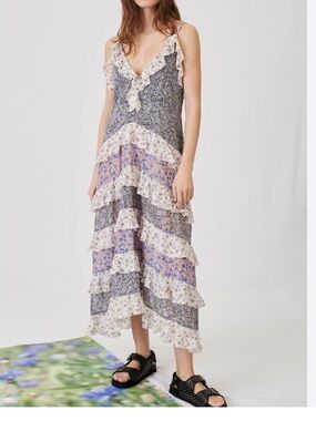 Maje Rissola mixed floral-print cotton voile tiered ruffle dress NWT size 36